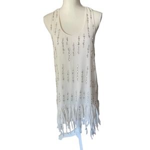 Forever 21 Womens Feather Sequin Tank Dress Fringe Hem Size S White